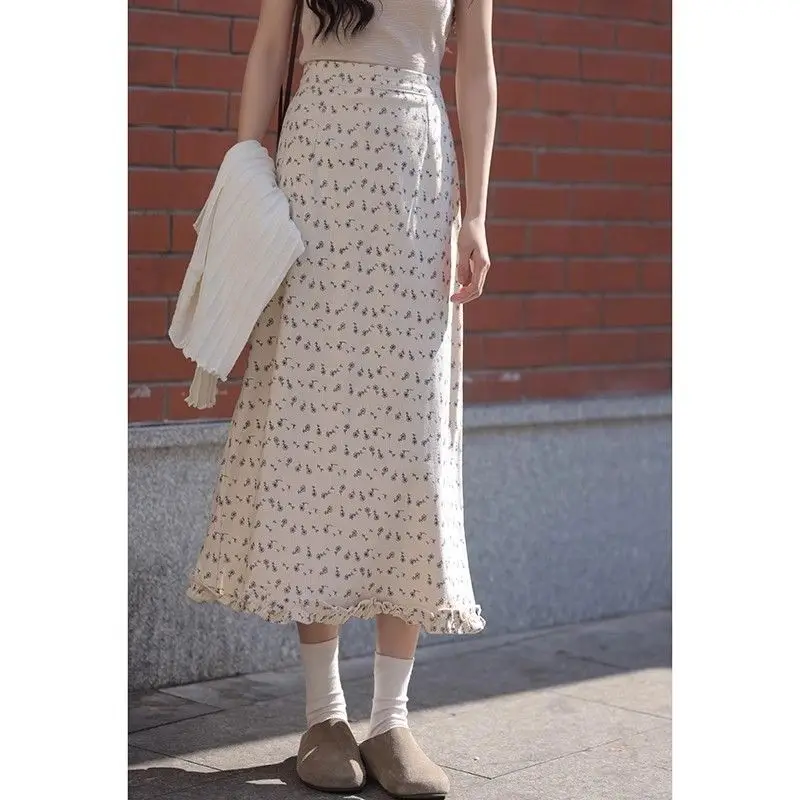 Zoete en frisse bloemenrok Dames zomer 2025, hoge taille temperament split lange rok