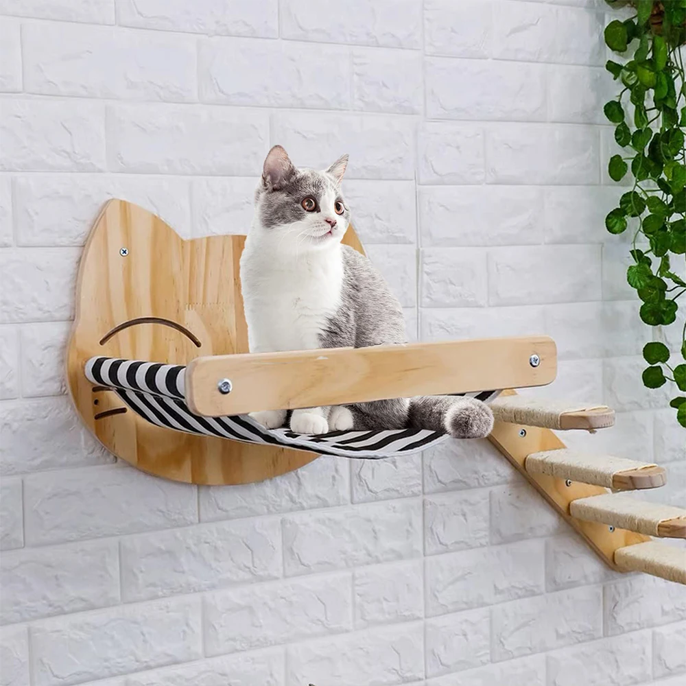 Cat Hammock With Scratching Stairs Wooden Wall Mounted Shelf Climbing Kitten Hanging Bed Furniture For Cats Sleeping Playing