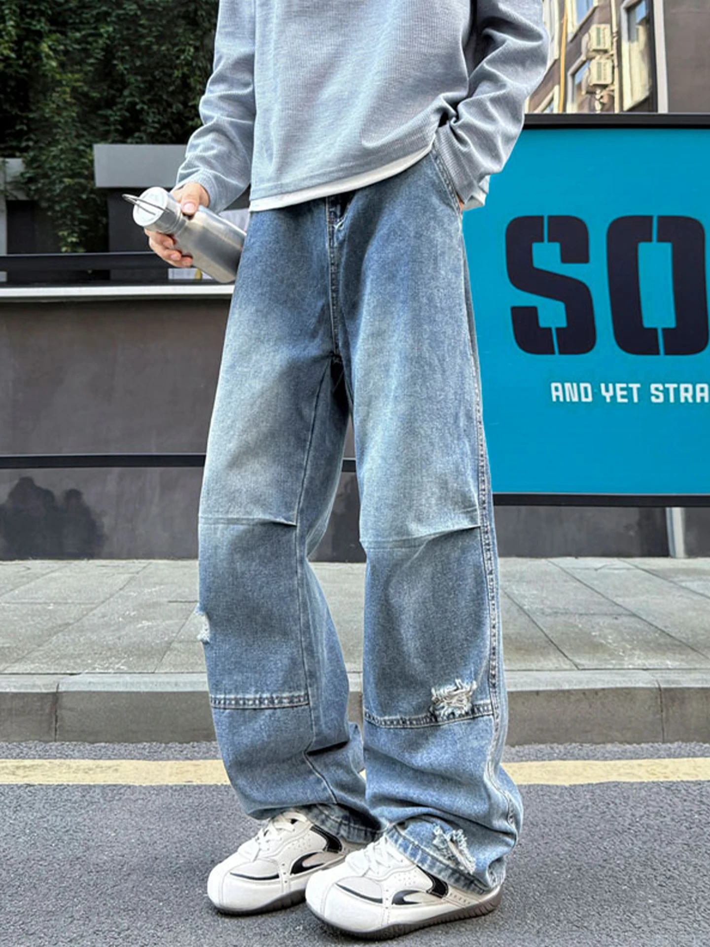 

Retro Waed American Sle Men's Jeans Autumn Trendy Brand Loose Straight Leg Oversize Haome Hole Punching Casual Cotton