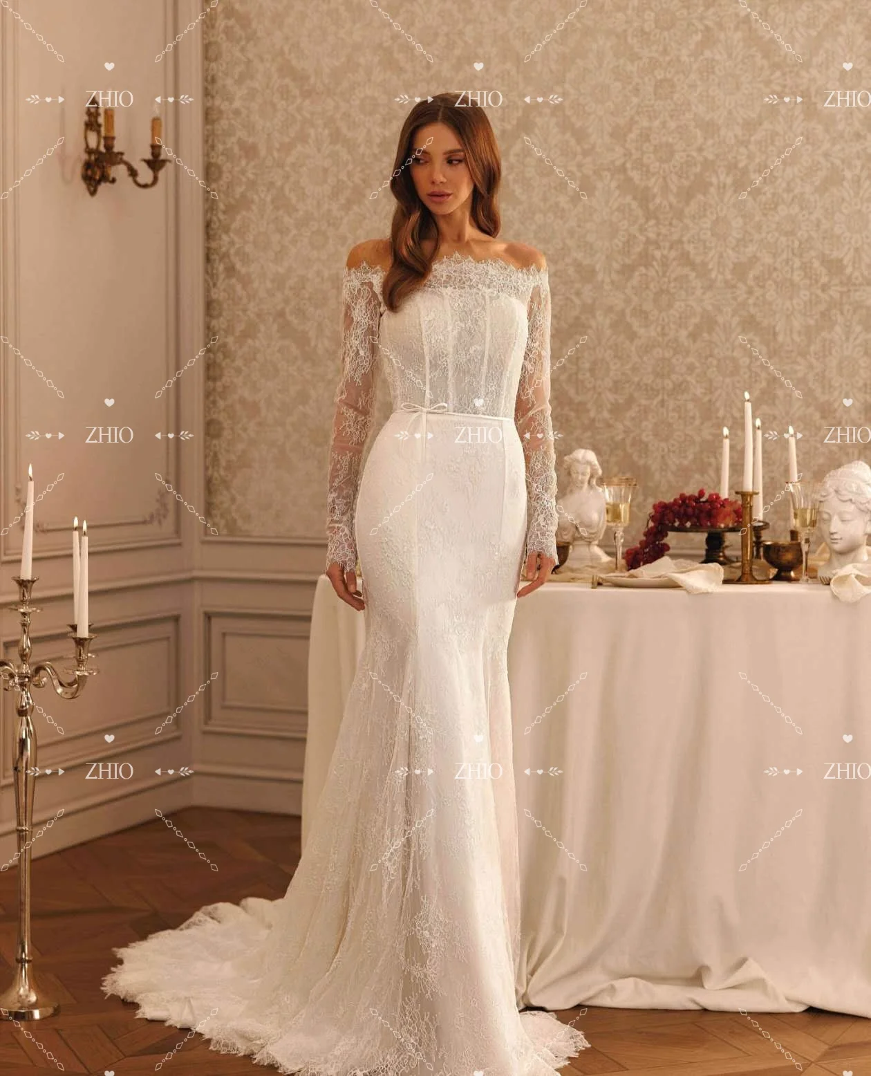 ZHIO فستان زفاف فاخر بحورية البحر من الدانتيل بدون أكتاف وأكمام طويلة سويب تراين فستان زفاف نسائي مخصص فيستدو دي نوفيا