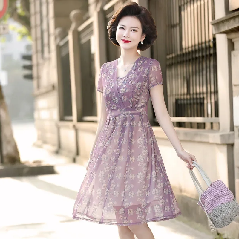 

Women's Elegant V-Neck Print Short Sleeve Mesh Dress Summer New Mid-Age Mother Floral Dress