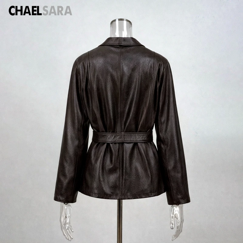 Women's Faux Leather Jacket Coat with Belt - Vintage V-Neck