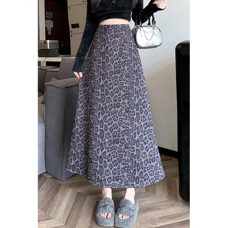 Leopard Print Retro Skirt Women's Autumn and Winter New High Waist Thickened Umbrella Skirt Small Cover Slimming Large Hem Long