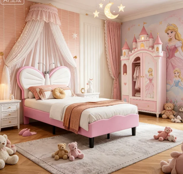 Kinderbett 90x200cm, gepolstertes Bett mit Schmetterlingskopfteil, Leselicht, Einzelbett mit Holzlatten