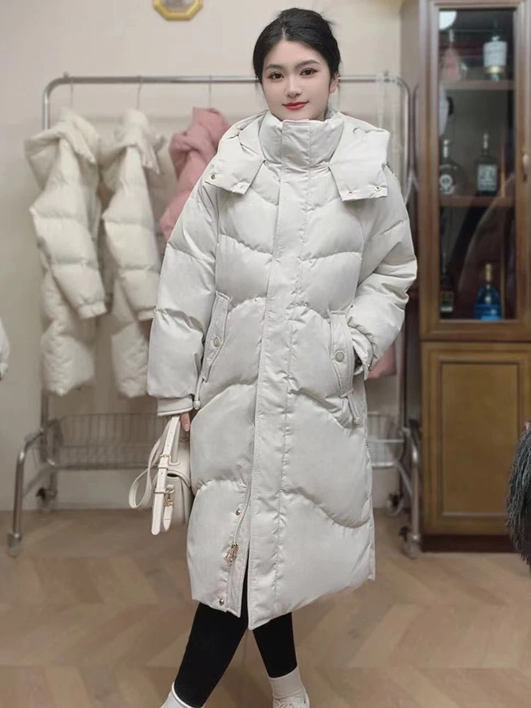 

Winter Long Hooded Waterproof Down Jacket Women White Duck Down Thicken Knee Length Jackets Female Warm Zipper Parker Outwears