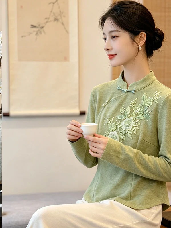 Autumn 2026 New Chinese Style Long Sleeve T-Shirt Women's National Style Improved Button Embroidered Knitted Two-Piece Set