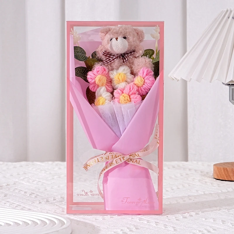 Handmade Knitted Yarn Teddy Bear Flower Bouquet Romantic Plush Rose For Her Valentines Day Gift Table Centerpiece For Girlfriend
