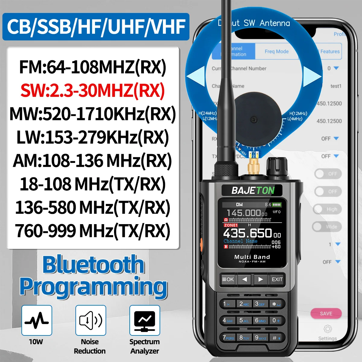 BAJETON BJ-8300 10 واط هام راديو الموجات القصيرة HF SSB CB اسلكية تخاطب AM USB LSB CW بلوتوث البرمجة يده اتجاهين الراديو