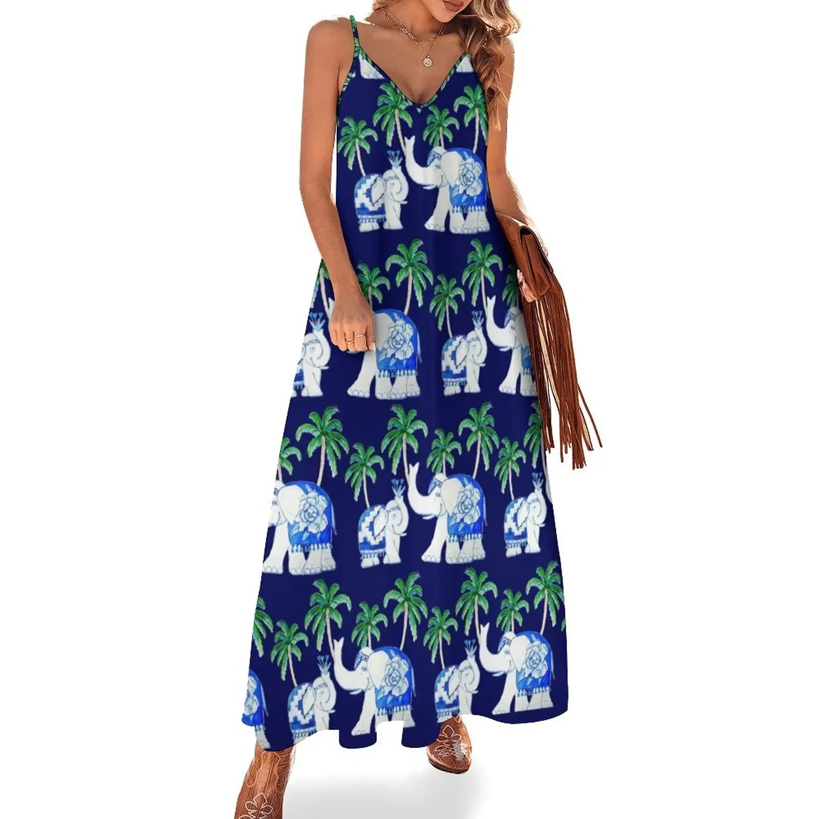 

Chinoiserie elephants on classic blue with palm trees Sleeveless Dress Woman clothing Long veiled dresses Dress