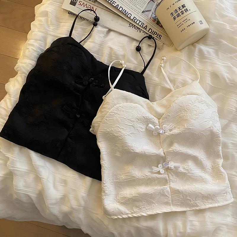 

Женский винтажный топ с бюстгальтером, плиссированная эластичная майка с открытой спиной, жаккардовый укороченный топ в китайском стиле