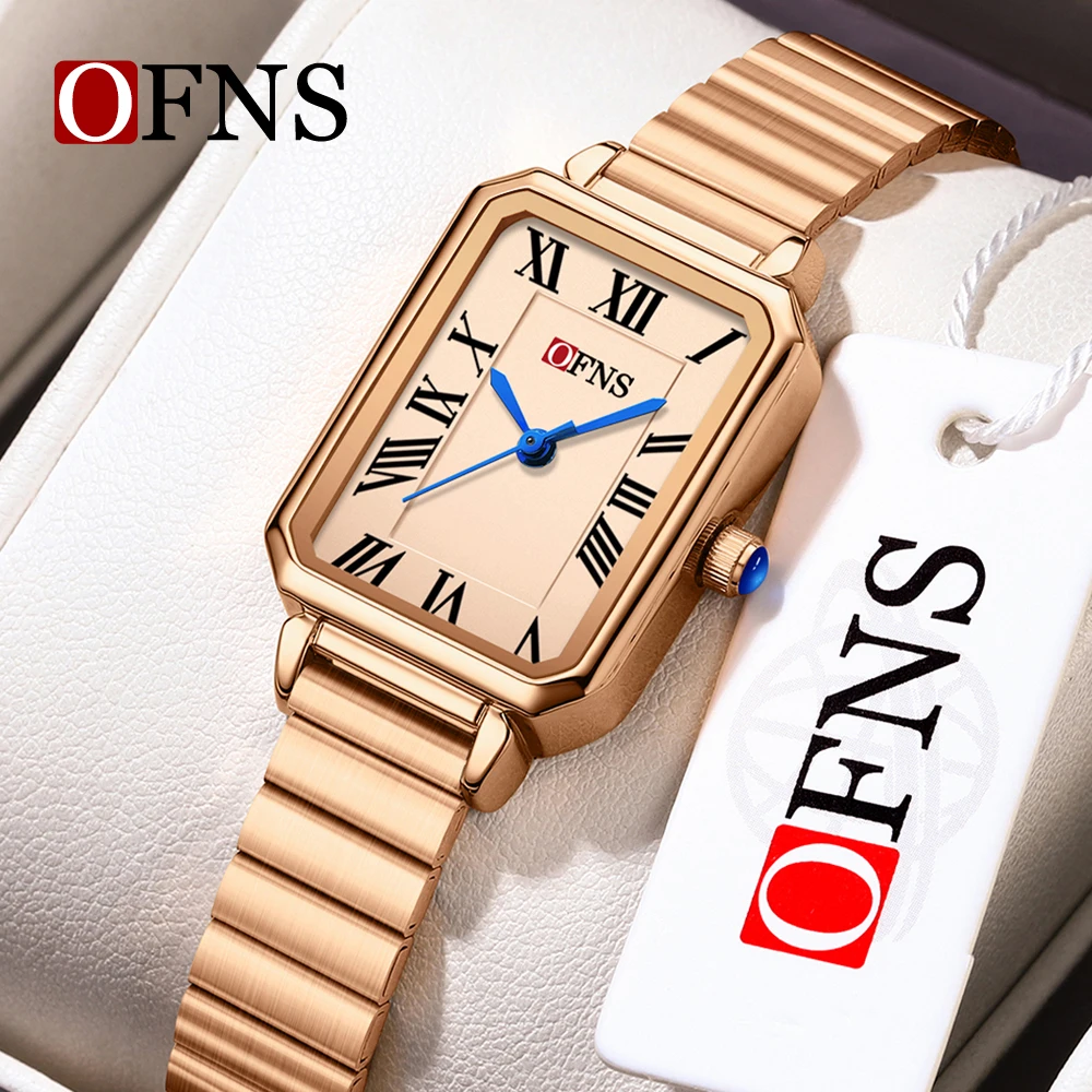 OFNS جديد 1552 ساعة كوارتز نسائية فاخرة مربعة بمقياس روماني مقاومة للماء ساعة كوارتز نسائية عصرية 2026