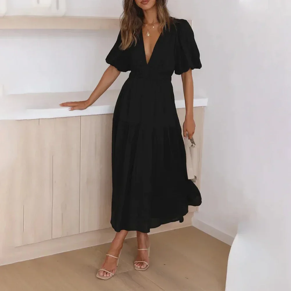 Summer Dresses Women V Neck Puff Sleeve Midi Dress Short Sleeve Bohemian Beach Holiday Party Dresses New Fashion 2023