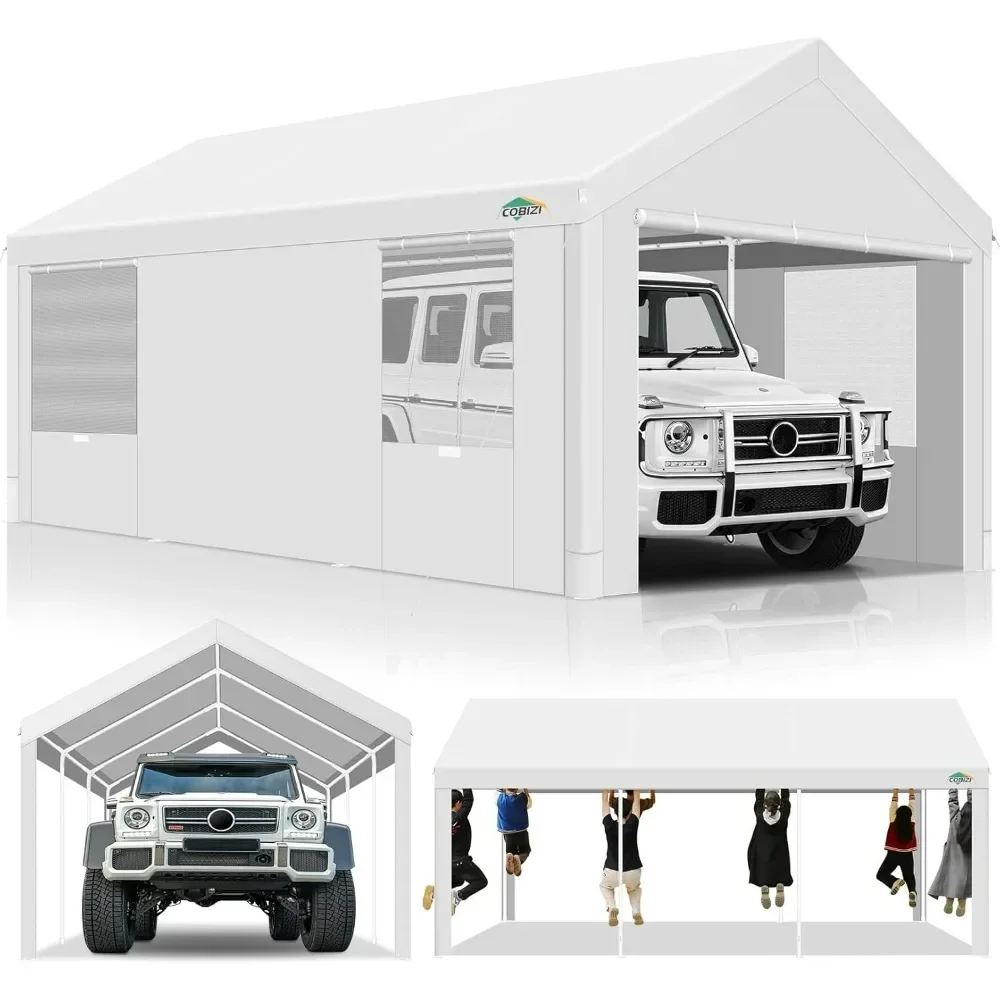 10x20ft Carport Heavy Duty, Portable Garage with Removable Sidewalls, Ventilated Windows&Built-in Sandbags,Waterproof Car Canopy