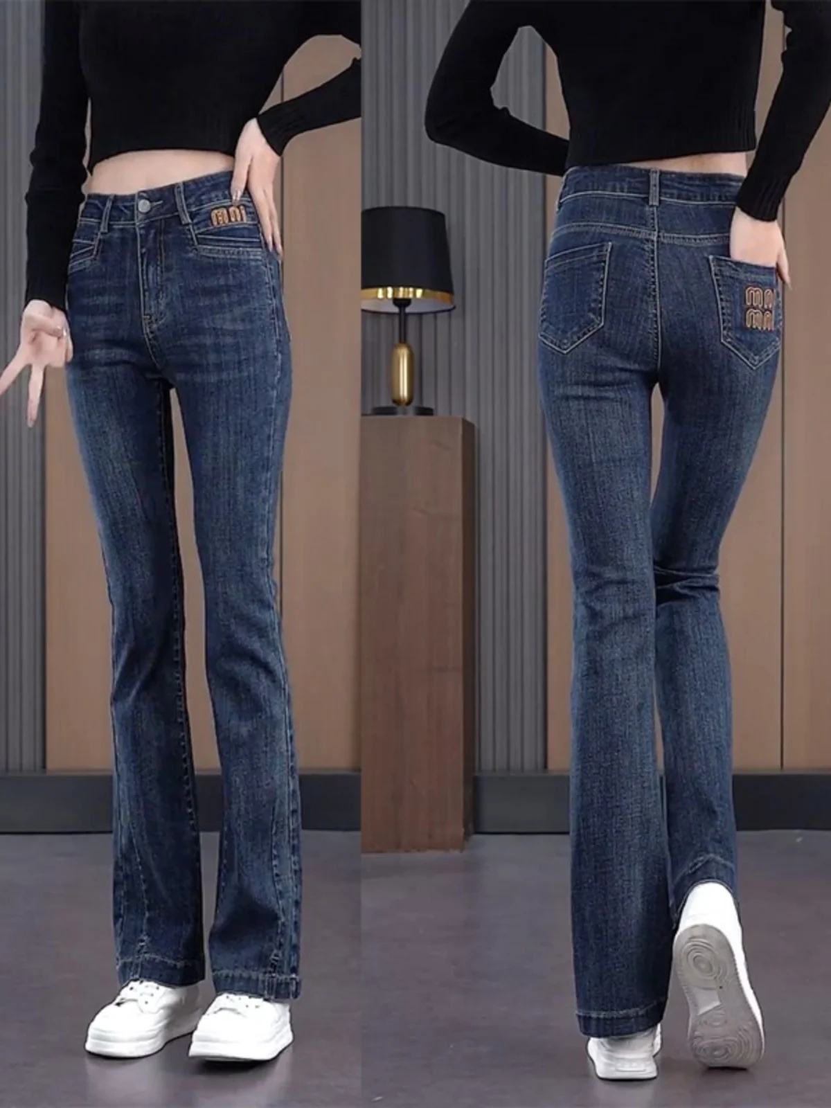 

Женские джинсы с высокой талией, на флисовой подкладке, утепленные, микро-клеш, весна-осень, облегающие, для фигуры типа «груша», модные брюки