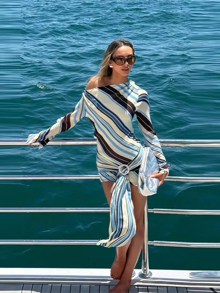Elegant Striped Short Skew-collar Blue Women Mini Dress Long Sleeve Belt Panelled Female 2026 Summer Vacation Sexy Beach Dresses