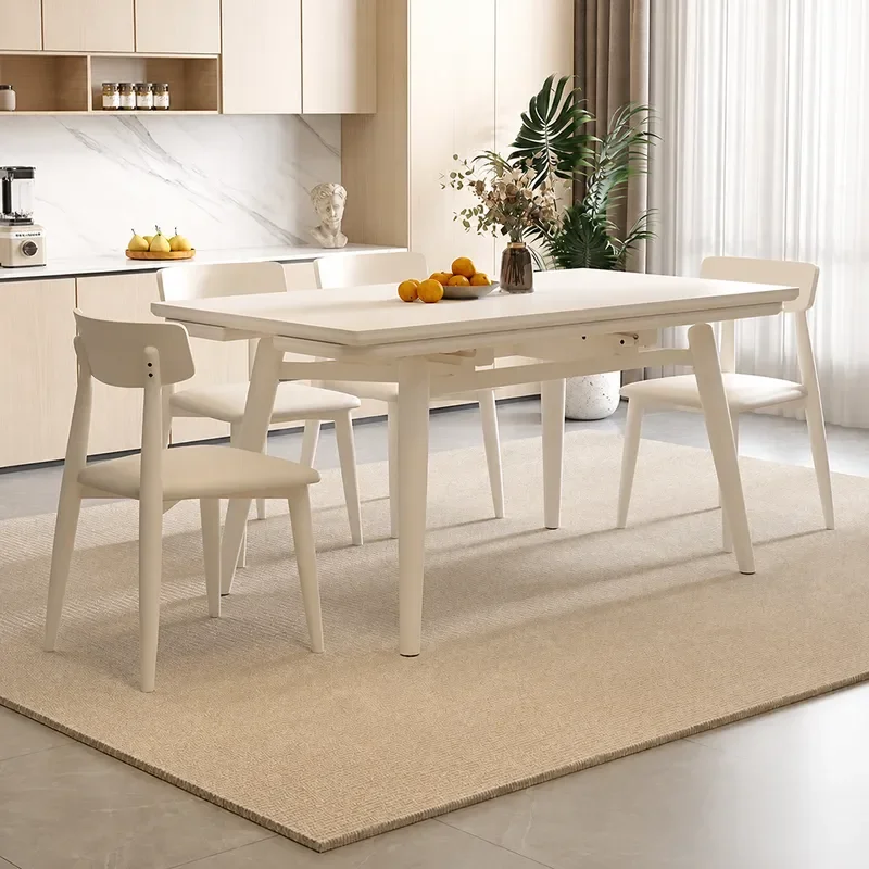 Cream Solid Wood Rock Slab Dining Table Variable Square Rectangular Pure White Matte Foldable Retractable Dual Purpose