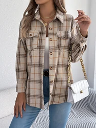 Autumn Winter Casual Contrasting Plaid Single Breasted Pocket Long Sleeved Woolen Jacket Women Coats