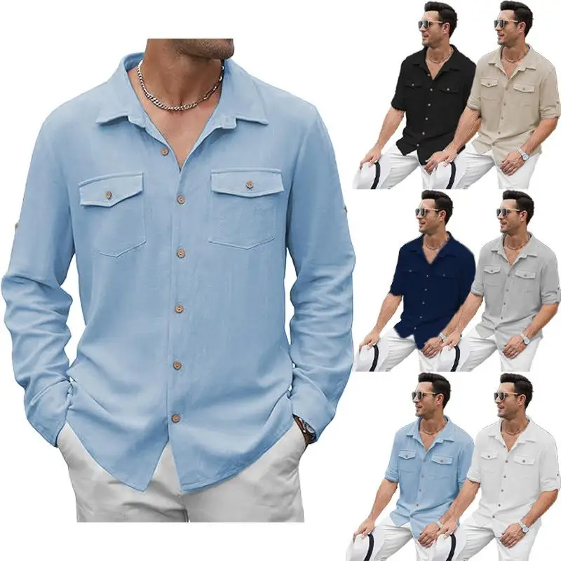 

Men's Trendy Cotton Linen Long Sleeve Shirts Pocket Design Splicing Process Other Material100% Non-deformable Summer Fashion