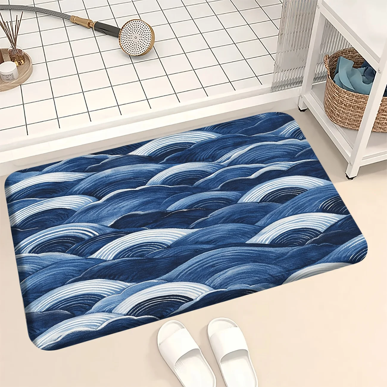 Blue Ocean Wave Flat 2D Pattern Area Rug Bath Mat Non-Slip Doormat Floor Mat Water Absorbent Home Decor