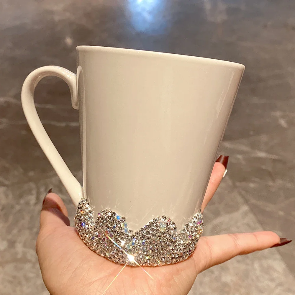 

Sparkling Rhinestone Ceramic Coffee Mug Handle Cup Coffee Cups Tumbler 300ml Tea Milk Mug Luxury Water Bottle Bling Lover's Gift