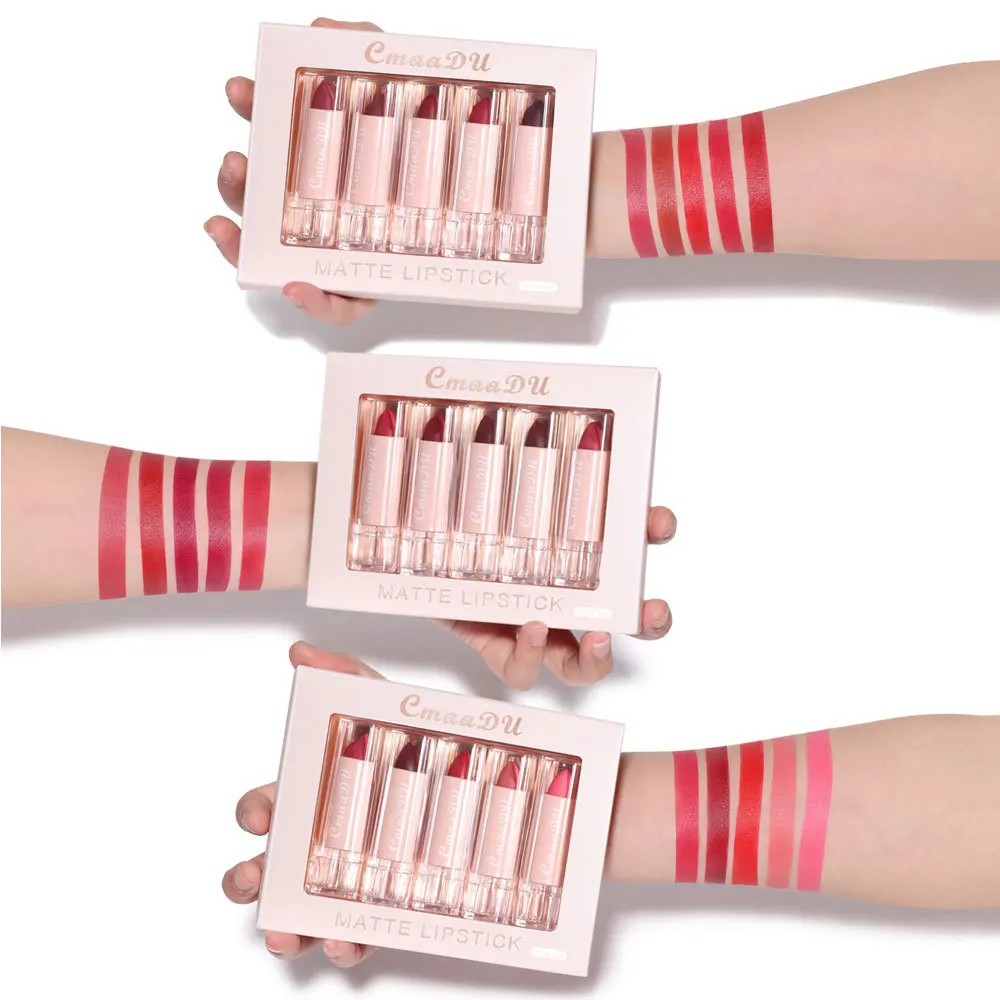 CmaaDu 5 Colors Matte Moisturizing Lipstick Lip Gloss Set Makeup Nude Velvet Lip Stick Sets Easy To Wear Cosmetics Tint Lip Balm