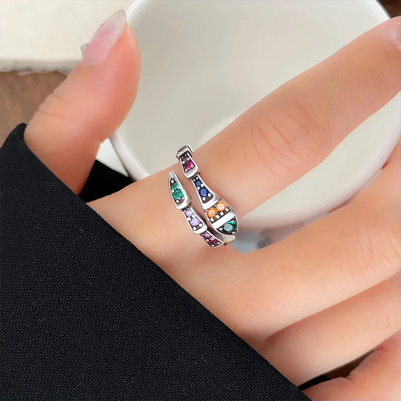 Luxury Simple Fashion Colorful Zircon Rings For Women Vintage Vintage Silver Color Opening Rings Wedding  Jewelry Birthday Gifts