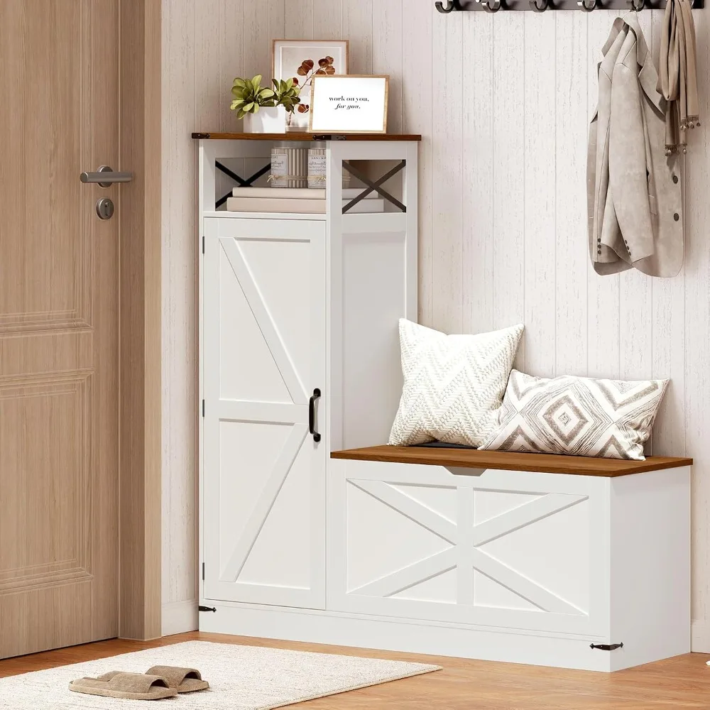 White and Walnut Shoe Cabinet L-Shaped, with Bench, Adjustable Shelves