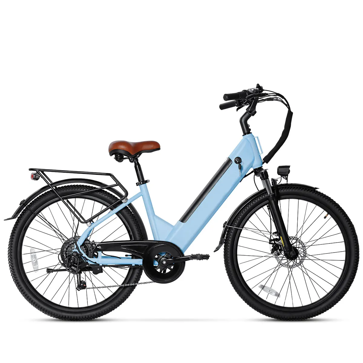 Likebike 500W Electric Bike 48V 13.5Ah Removable Battery Step-Thru Ebike 26" Tire 5 Speed Dual Disc Brake Front Suspension City Commuter E Bicycle