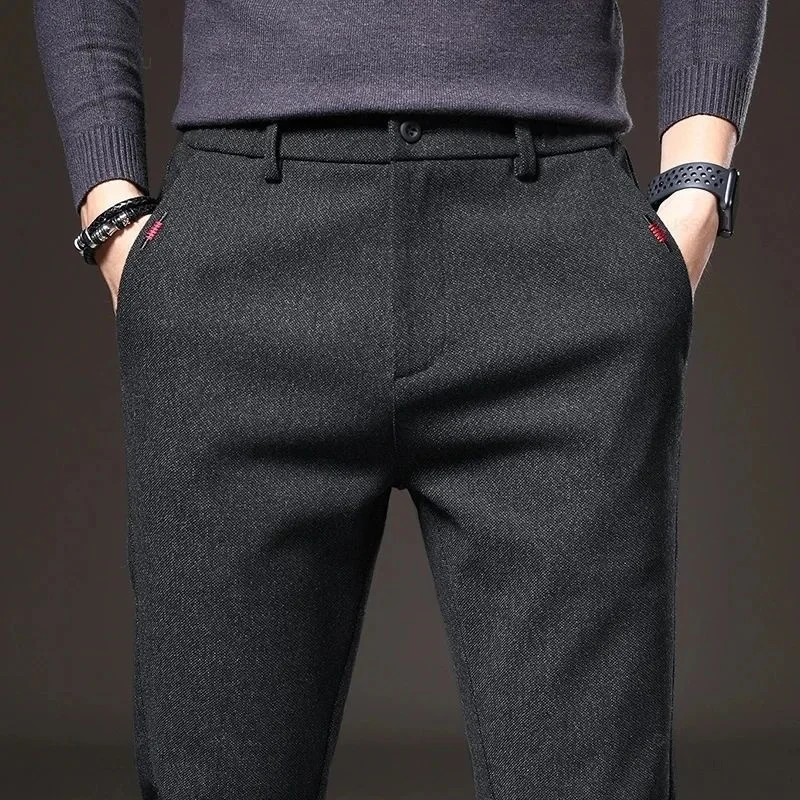 

Autumn Men's Casual Pants Business Fashion Elastic Waist Cleanfit Straight Leg PVC Fabric Neutral Winter Collection
