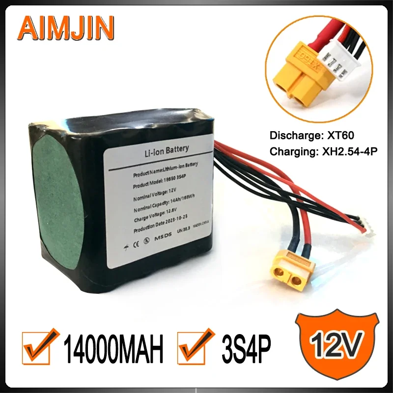 12V 14Ah High Capacity UAV Rechargeable Li-ion Battery 3S4P for Various RC Airplane Drone Quadrotor,with Connector XH2.54+XT60