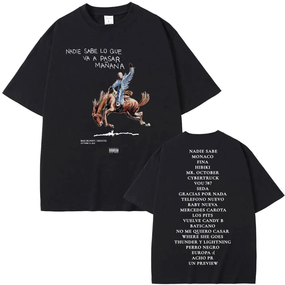 Camisetas gráficas del álbum del rapero Bad Bunny Nadie Sabe Lo Que Va A Pasar Mañana, camiseta de moda para hombres y mujeres, camisetas de Hip Hop