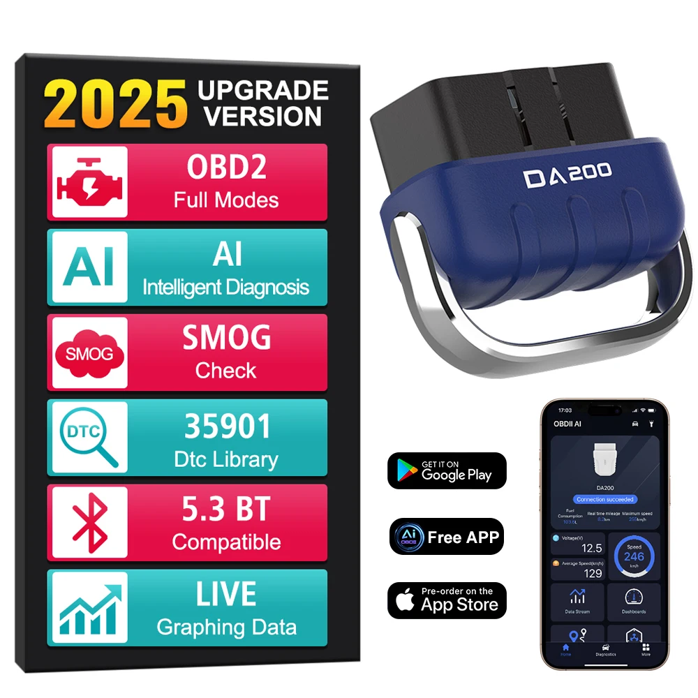 Fault Code Erase Code Reader Bluetooth-Compatible AI OBD 2 Scanner Car Diagnostic Tools Car Battery O2 Sensor Tester DA200