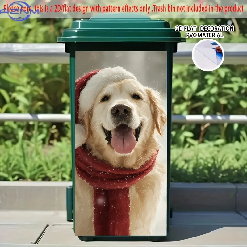 of 2D/Flat Self-Adhesive Stickers Featuring a Golden Retriever in a Santa Hat And Scarf Against a Snowy Backdrop, Measuring 14