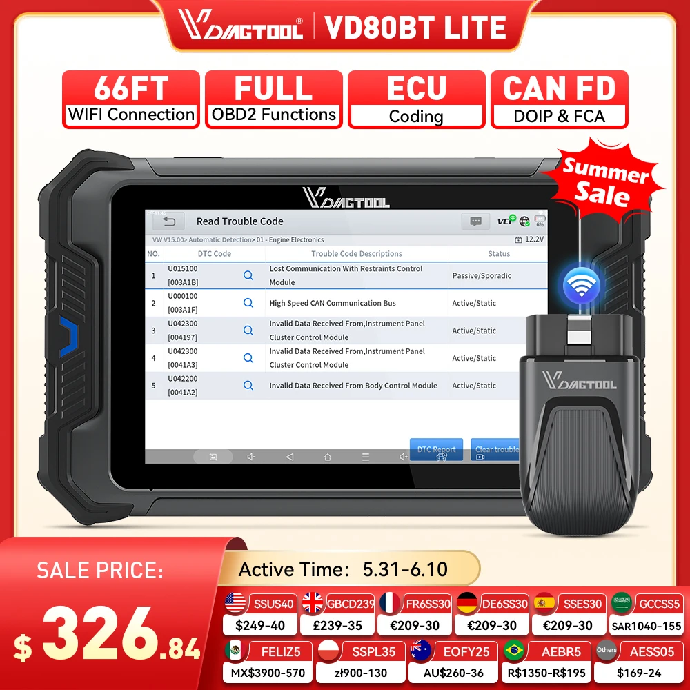 New VDIAGTOOL VD80BT LITE Car Diagnostic Scanner 28+ Resets Wireless ECU Coding Bi-directional Control FCA 3 Years Free Update