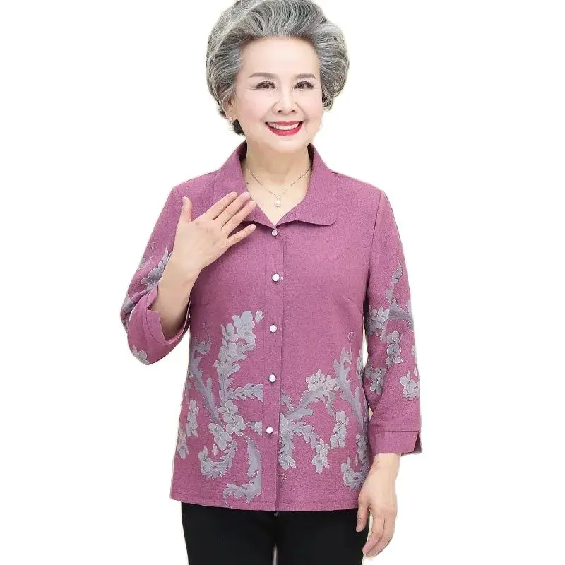 

2023 New Fashion Summer Women's Three-quarter Sleeve Printed Loose Slim Button Shirt Middle-aged And Elderly Aasual Top Women