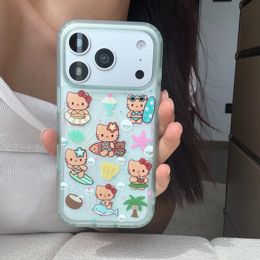 Summer Shell Star Surfing Sexy Black Skin Hello Kitty Phone Case For iphone 17 16 15 17 Pro Max Shockproof Protective Soft Cover
