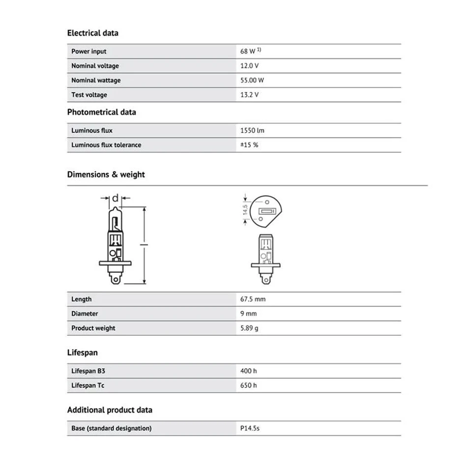 OSRAM CLASSIC H1 64150  P14.5s Headlight Car Halogen Standard White Light Bulb 12V 55W 3200K Brightness Auto Fog Lamp OEM Hi/Low