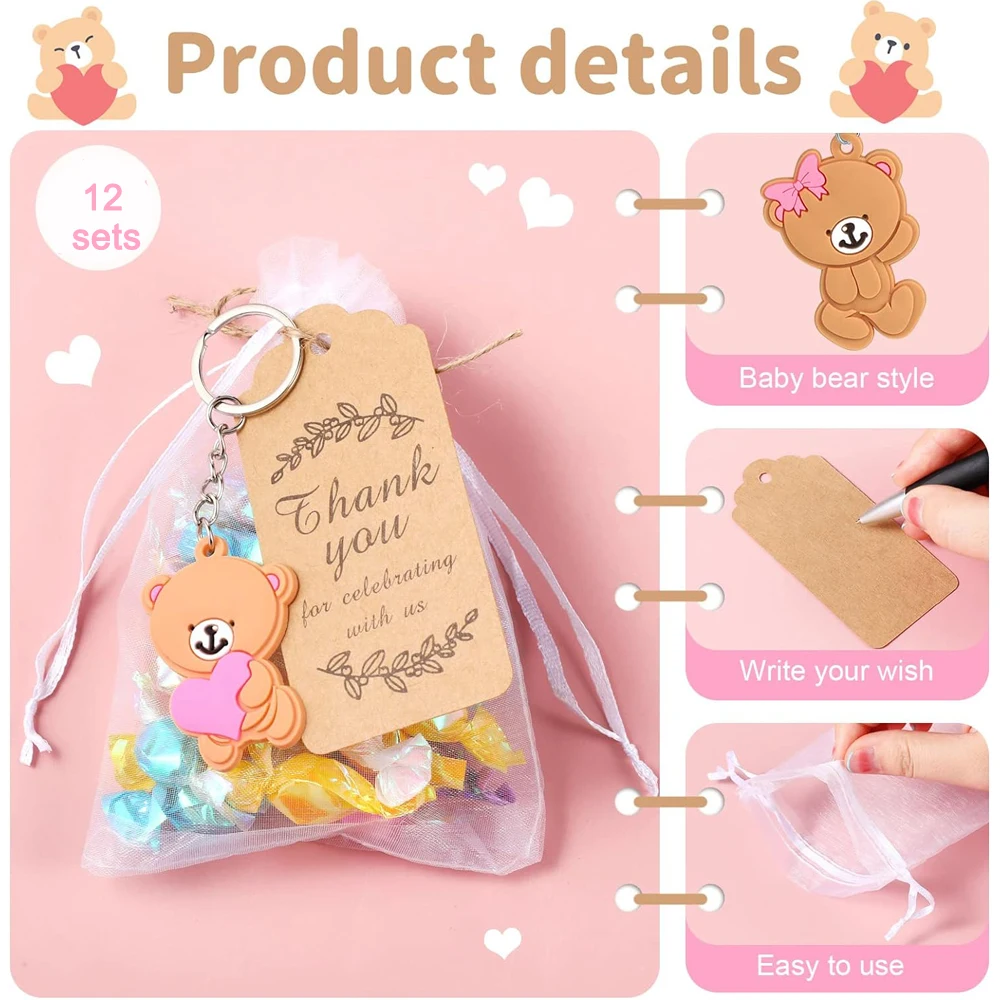 12 sets baby bear shower gifts party gifts keychains with hard mesh bags thank you tags girl boy birthday party supplies