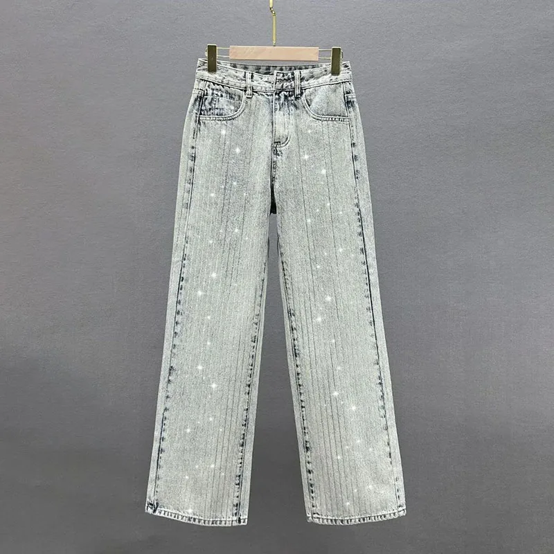 

Women's Jeans Women's Fashion 2023 New Spring Waist Loose Joker Slimming Heavy Industry Hot Drilling Wide-Leg Casual Mop Pants