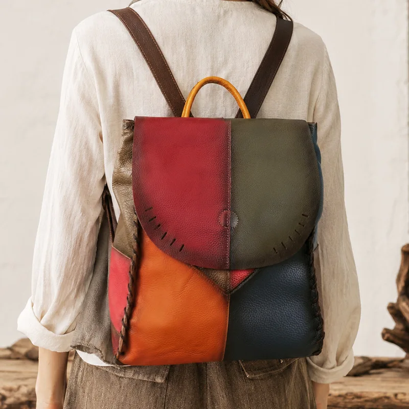 Patchwork Women Genuine Leather Backpack Unique Real Cow Leather Shoulder Bags Ladies Casual Daily Cowhide Travel Bagpack