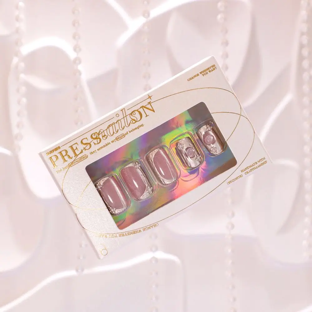 

Новые длинные квадратные накладные ногти с белым краем, французские накладные ногти с полным покрытием, розовые кончики ногтей «кошачий глаз», «сделай сам»