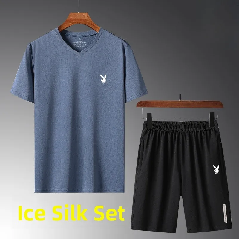 

Summer Men's Casual Sports Set Loose Qui Dry Ice Silk Running Fitn ort Sve orts Two Piece Set