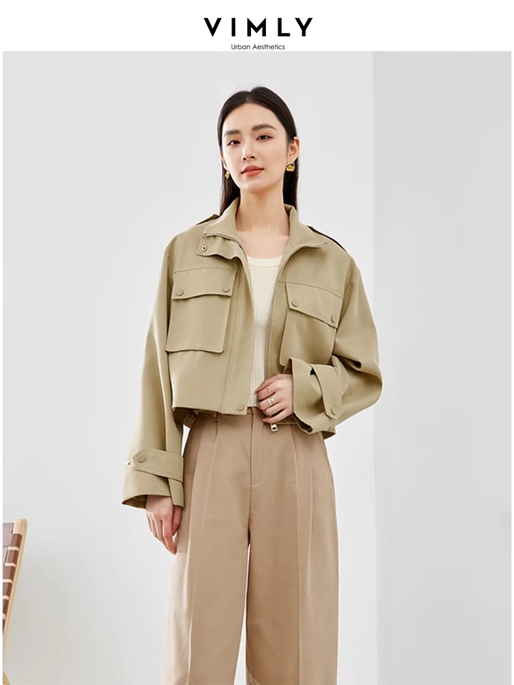 

Vimly Khaki Casual Loose Cropped Jacket Lapel Full Zipper Long Sleeve Coat for Woman 2024 Spring New Outerwear Female M5099