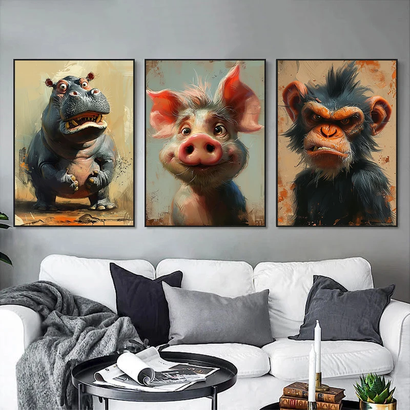 Funny Hippo Monkey Pig Oil Painting Animals Posters and Prints Canvas Printing Wall Art Picture for Living Room Home Decoration