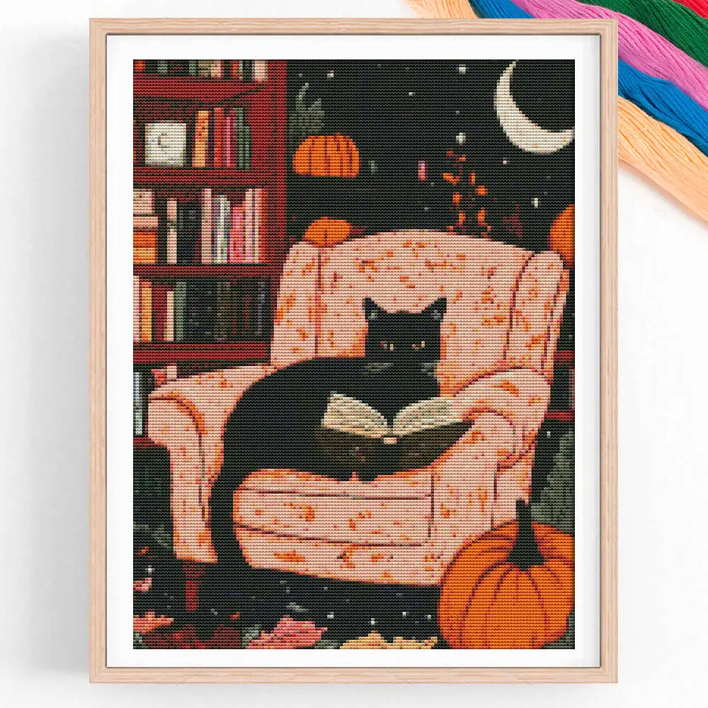 DIY Cross Stitch Reading Cat Full Printed New 2025 Cotton Fabric Handmade Craft Gift Cloth Cotton Thread Cartoon Decoration