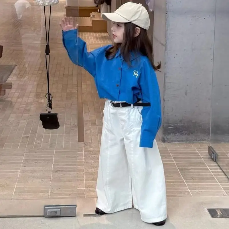 

Girls' Set Autumn 2026 New Style Loose Long Sleeved Shirt For Boys And Girls Stylish White Wide Leg Pants