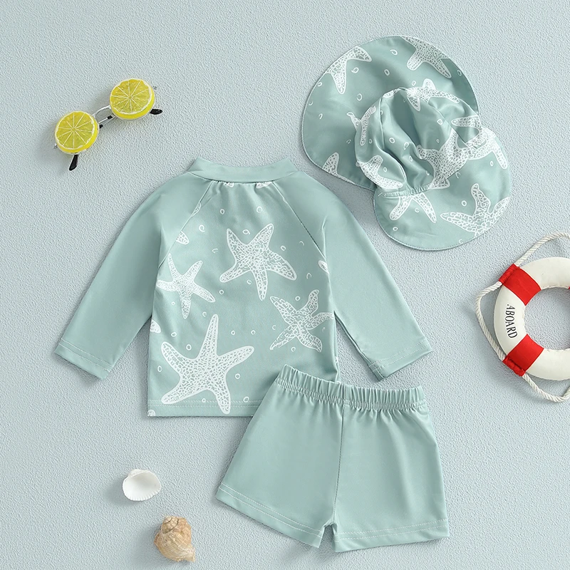 Boys Rash Guard Swimsuit Set Starfish Print Long Sleeve Zip Tops with Shorts and Swim Hat 3 Pcs Set