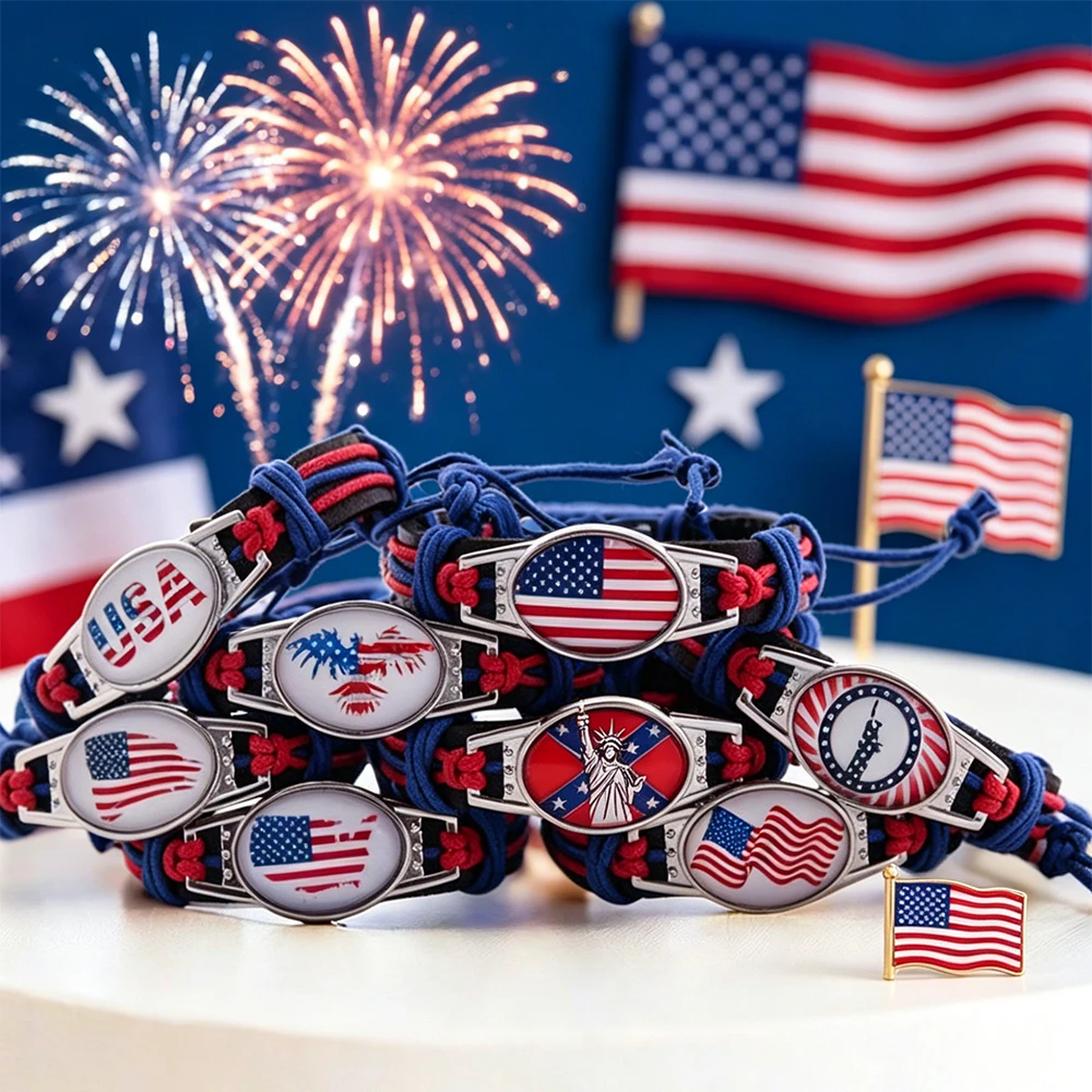 Vintage Hand Woven Bracelet Red Blue Wax Cord Unisex Jewelry for USA Independence Day Parades Holiday Events Casual Daily Wear