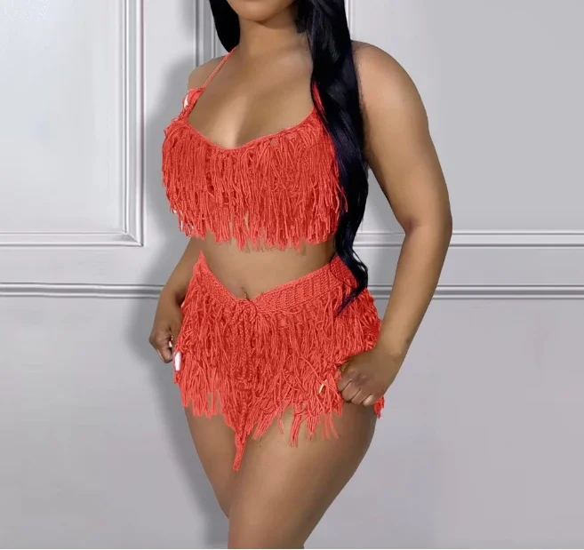 Conjuntos de duas peças das mulheres outfit 2024 verão novo sexy cinta espaguete colheita crochê topo & moda borla design shorts conjunto casual