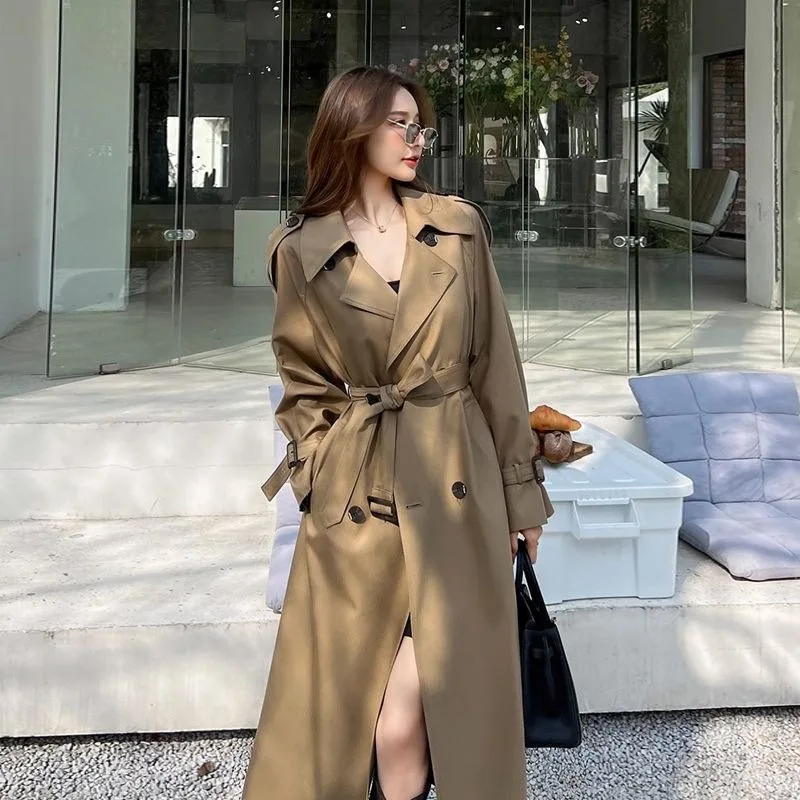 

Mid-Length Women's Coat Over-Knee British Style Windbreaker Long Sleeve Solid Color Flip Collar Leisure Fashion Women Coat